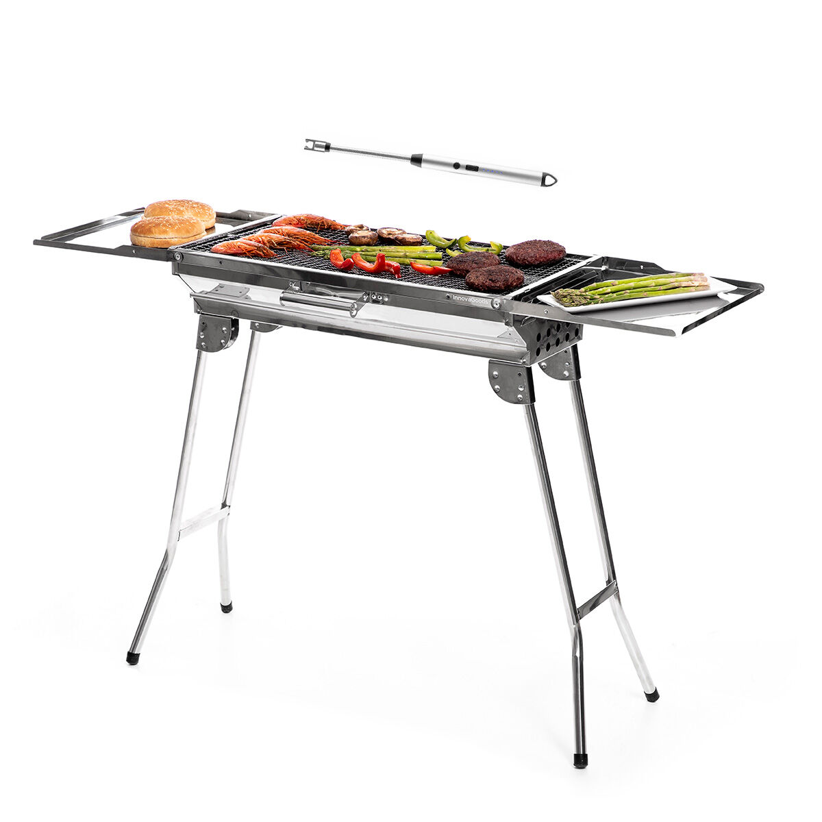 Pack Stainless Steel Foldable Charcoal BBQ and Rechargeable and Flexible Electric Lighter InnovaGoods